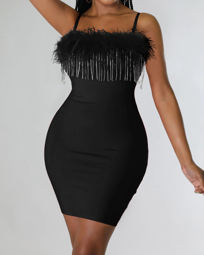 Elegant Women Strap Solid Color Feather Diamond Chain Solid Color Bodycon Mini Dresses Black White S-2XL