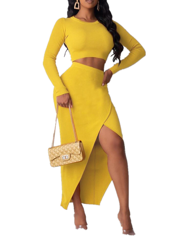 Long Sleeve Women Two Pieces Dress With Long Skirt