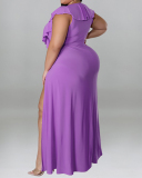 Women Summer New Strap Ruffles Neck Solid Color Plus Size Dresses Black Pink Green Purple Blue Yellow XL-5XL