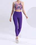 New Women Abstract Floral Sports Bra Fitness Yoga Two-piece Sets Purple S-L