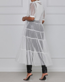 Women Short Sleeve Lapel Mesh Dot See Through Maxi Dresses White Black S-4XL