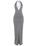 Fashion Deep V Halter Neck Backless Drawstring Ruch Elegant Slim Maxi One-piece Dress Gray S-L