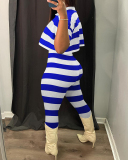 Womens Fashion Lapel V-neck Crop Tops Short Sleeve Striped Slim Legging Sets 2 Piece Outfits S-XL