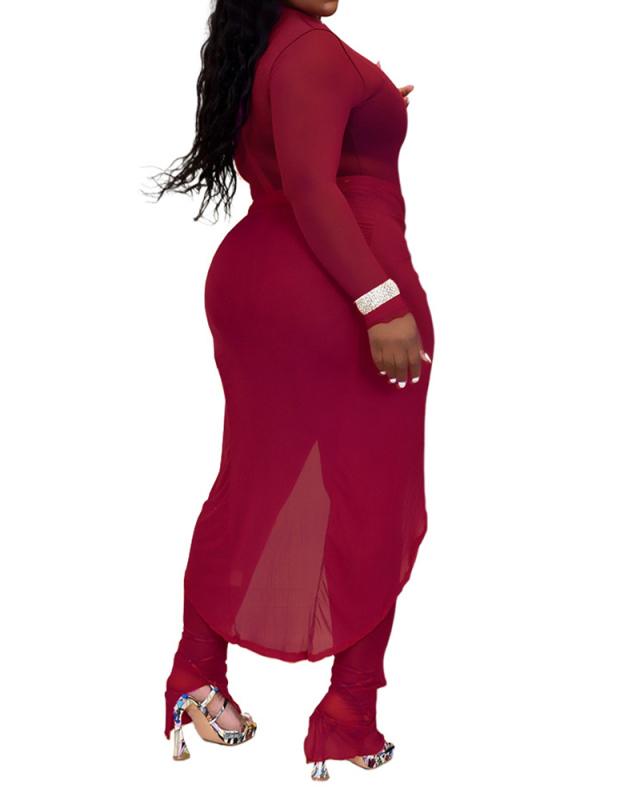Women Long Sleeve Sexy Mesh Skirt Cover High Slit Two Pieces Outfit Wine Red Rosy Black S-2XL