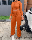 Women Long Sleeve Solid Color Ruched Pants Sets Two Pieces Outfit Orange Camel Sky Blue S-2XL
