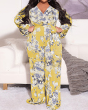 Women Long Sleeve Florals Printed Plus Size Jumpsuit Green Purple Yellow Coffee XL-5XL