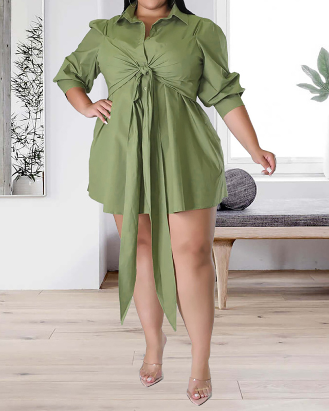 Women Solid Color Shirt Dress Long Sleeve Lapel Strap Plus Size Dresses Mini Dress White Rosy Green L-4XL