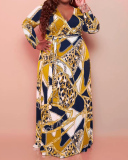 Women Long Sleeve Printed V Neck Plus Size Dresses Yellow Coffee Red XL-5XL