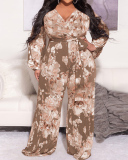 Women Long Sleeve Florals Printed Plus Size Jumpsuit Green Purple Yellow Coffee XL-5XL