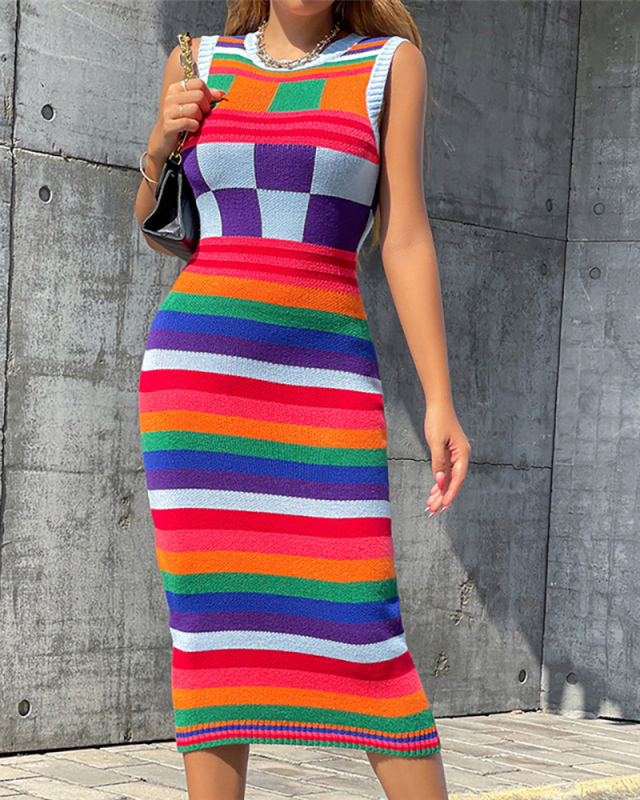 Newest Colorful Colorblock Sleeveless Maxi Slim Knit One-piece Dress S-L