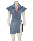 Women Fashion Short Sleeve Jean Lapel Slit Skirts Sets Two-piece Sets S-XL