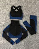 Women Seamless Yoga Tracksuit Hip Lift Stretch Gym Zip Top Yoga Three-piece Sets S-XL