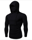 Solid Color Fitness Long Sleeve High Neck Mask Hooded Sweatshirt Deep Grey Black M-3XL