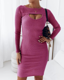 Trendy Long Sleeve Women Fall Hollow Out Solid Color  Midi Sweater Dresses Black White Sky Blue Purple Rosy Khaki S-2XL