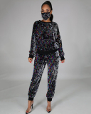 Woman Fashion Sequin Casual Party Long Sleeve Mask Plus Size Two Pieces Outfit White Colorful S-5XL