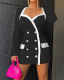 Autumn New Square Neck Long Sleeve Elegant Double Duttons Slim Mini One-piece Dress Rosy Black S-L