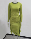 Women Solid Color Long Sleeve Crew Neck Side Tassel Bodycon Mini Dress S-5XL