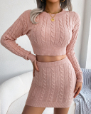 Women Long Sleeve Knit Crop Top Skirt Sets Two Piece Sets White Pink Khaki S-L