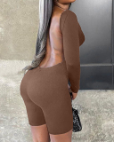 Women Sexy Backless Solid Color Long Sleeve Square Neck Sports Rompers Khaki Blue Green Brown Blue Black S-2XL