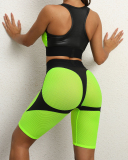 Women Flourescent Quick-Dry Colorblock Fashion Yoga Two-piece Outfit Green Purpl Pink Orange S-L