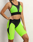 Women Flourescent Quick-Dry Colorblock Fashion Yoga Two-piece Outfit Green Purpl Pink Orange S-L