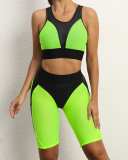 Women Flourescent Quick-Dry Colorblock Fashion Yoga Two-piece Outfit Green Purpl Pink Orange S-L