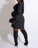 Women Hot Sale Solid Color Long Sleeve Hollow Out Mini Sweater Dress White Black Khaki S-XL