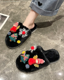 Warm Cute Snowflake Christmas Tree Home Slippers White Black Gray Pink 35-40