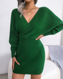 Women Solid Color Long Sleeve V Neck Bodycon Elegant Sweater Dresses Blue Green Black White Purple S-L