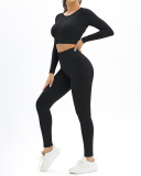 Long Sleeve Solid Color Backless Yoga Two-piece Set S-L