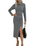 Women Elegant Long Sleeve Bodycon High Slit Casual Midi Dresses Black Light Gray Wine Red Khaki Blue Green Deep Gray S-2XL