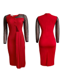Women Mesh Long Sleeve Stitching Buttock Split Pleated Casual Midi Dresses Red Green Blue S-3XL