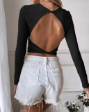 Long Sleeve Open Back Solid Color T Shirt S-XL