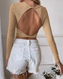 Long Sleeve Open Back Solid Color T Shirt S-XL