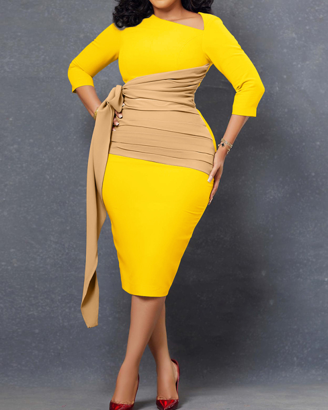 Women Wrap Waist Long Sleeve Colorblock Midi Bodycon Dresses Rosy Pink Black Yellow Red Orange White S-2XL