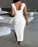 Women Sexy Ruched Irregular Bodycon Maxi Dresses White Yellow Red Black S-2XL