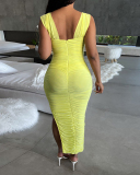 Women Sexy Ruched Irregular Bodycon Maxi Dresses White Yellow Red Black S-2XL
