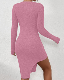 Fashion Solid Color Long Sleeve Square Neck Irregular Sweater Dresses Black Light Brown Pink S-2XL