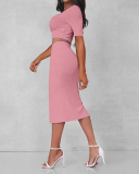 Women Short Sleeve Square Neck Side Slit Skirt Sets Two Pieces Outfit Black Yellow Green Pink Light Blue S-2XL