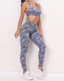 Women Backless Quick Dry Camo Printed High Waist Thigh Yoga Two-piece Sets Camo Gray Black Pink S-L