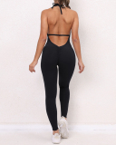Women Halter Neck Backless Ruched Hips Yoga Jumpsuit Sports Wear S-L