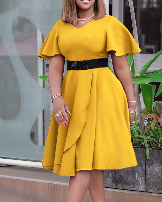 Summer New Plus Size V-neck Flare Sleeve Flare Midi Dress With Belt Yellow Wine Red Blue S-3XL