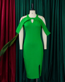 New Elegant Hollow Out Shoulder Slim Women Plus Size Dress Green Pink Orange Red S-3XL