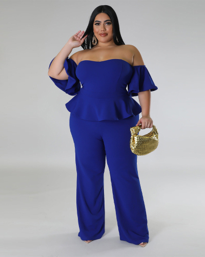 Women Off Shoulder Ruffles Top Wide Leg Pants Sets Plus Size Two Piece Sets Black WIne Red Dark Green Yellow Blue L-4XL