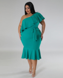 Women Slash Neck Ruffled Slim Midi Plus Size Dresses Rosy Black Green Red White L-4XL