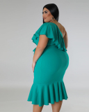 Women Slash Neck Ruffled Slim Midi Plus Size Dresses Rosy Black Green Red White L-4XL