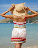 Women Colorblock Vacation Hollow Out Backless Fashion Beach Dresses Orange Green Rosy White S-XL
