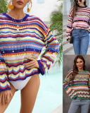 Fashion Long Sleeve Colorblcok Striped Crochet Swim Cover Up Green Black Blue S-XL
