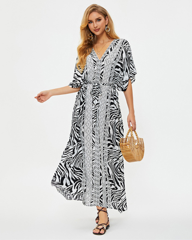 Women Printed Deep V Neck Vacation Holiday Dress Swimsuit Cover Up