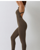 Women Slim Sleeveless Solid Color Backless Yoga Jumpsuit Black Apricot Brown Coffee Gray S-XL